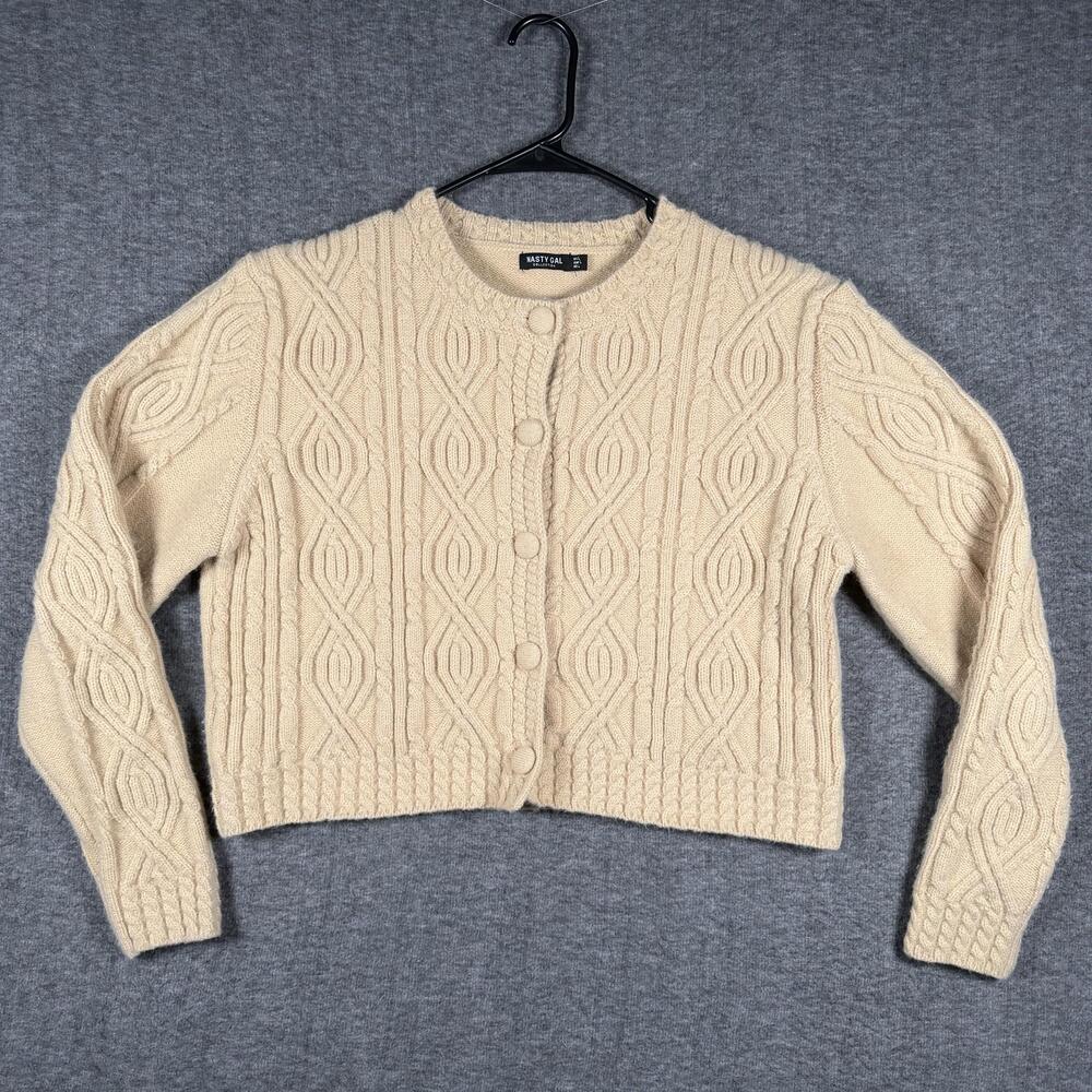 Y2K Nasty Gal Sweater Womens L Beige Cable Knit Button Front Cropped Cardigan